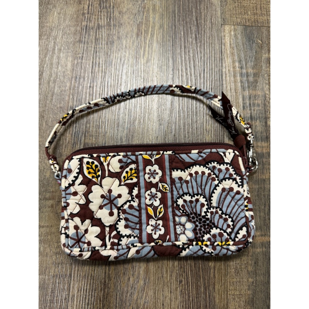 Vera Bradley Slate Blooms Quilted Floral Wristlet Brown Zip Clutch Bag